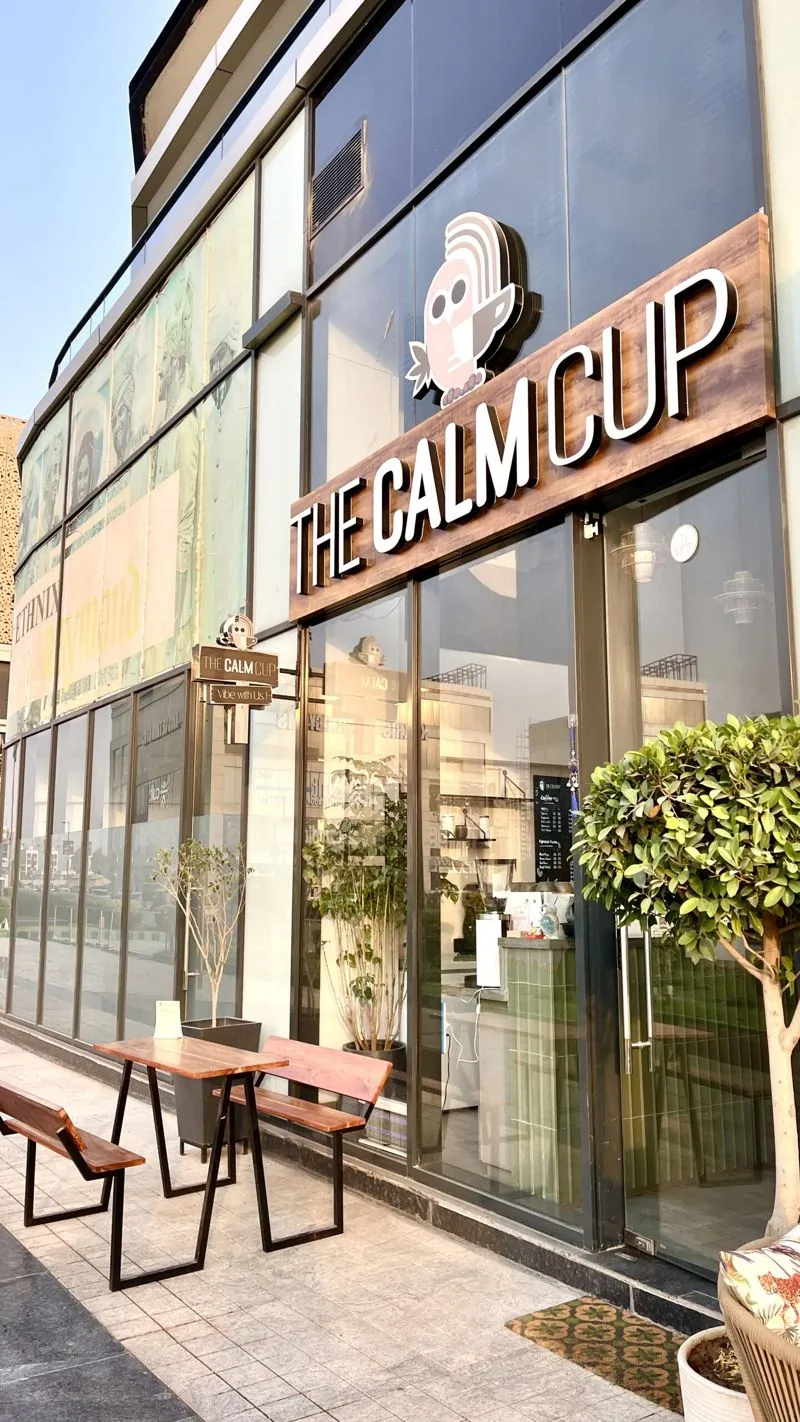The Calm Cup storefront in Gurgaon during the day